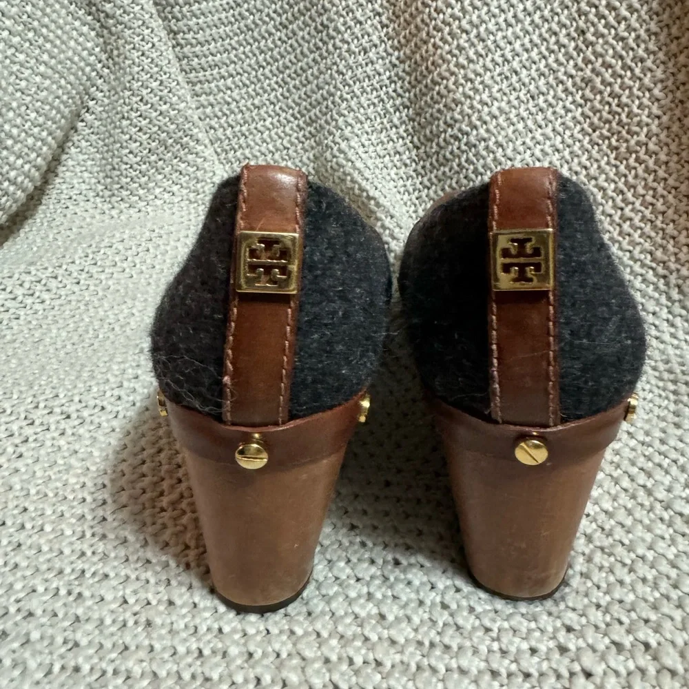 Tory Burch Greta Gray and Brown Wooden wedges, Size‎ 6.5